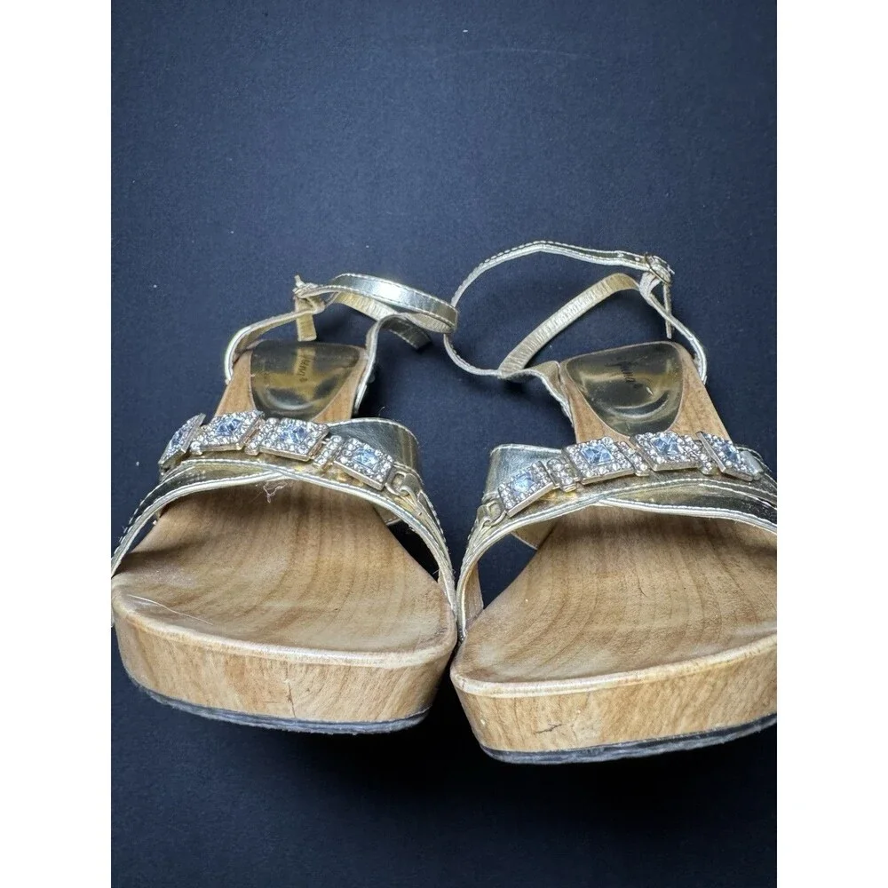 Geena Metallic Gold Cutout Wooden Heels Sandal Rhinestone Y2K Bling Womens 8